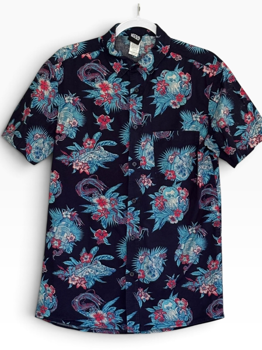 Star Wars R2-D2 & Millennium Falcon Print Button Down Hawaiian Shirt Size S